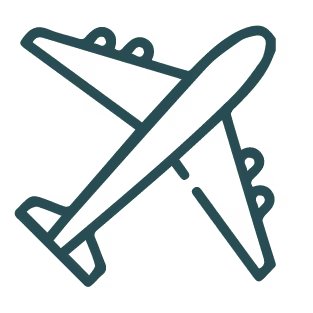 Simple teal line art icon of a commercial passenger airplane